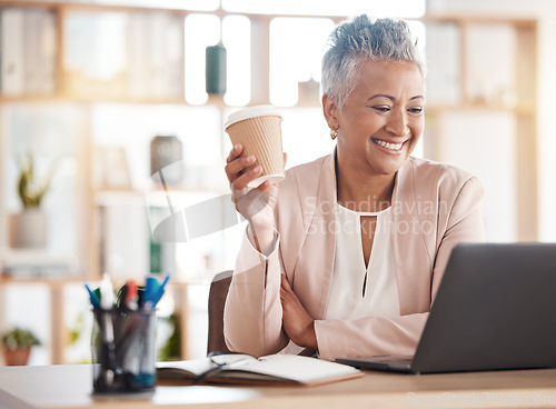 Image of Happy, accountant or senior woman on laptop video call for financial strategy, networking or virtual assistance. Finance, smile or advisor for success stock market, invest budget or mortgage planning