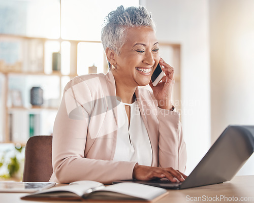 Image of Phone call, happy accountant or woman on laptop for financial networking, company growth or trading in office. Finance, smile or advisor on smartphone for stock market, invest budget or tax planning