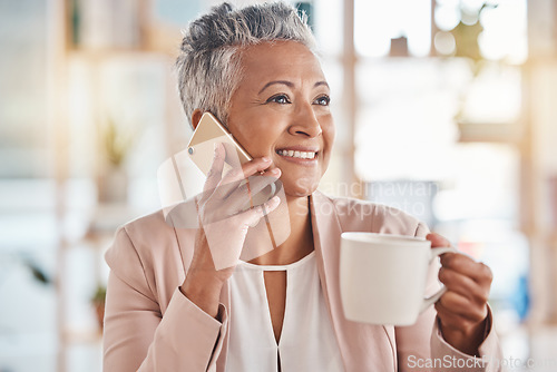 Image of Senior woman, phone call and coffee in communication, conversation or discussion with smile at the office. Elderly female on smartphone smiling with cup talking about business idea or networking