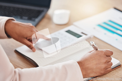 Image of Calculator, accountant hands or woman writing for financial strategy, tax or audit review for company growth in office. Finance, zoom or advisor for stock market, invest budget or mortgage planning