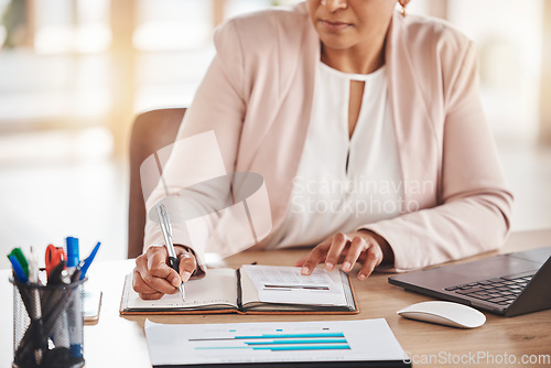 Image of Hands, accountant or woman writing in notebook for financial strategy, tax or audit review for company growth in office. Finance or advisor for stock market, investment budget or mortgage planning