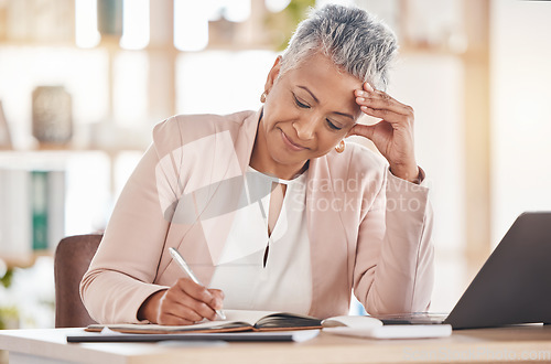 Image of Thinking, accountant or woman writing in notebook for financial strategy or company growth tax audit review in office. Finance, report or advisor for stock market, invest budget or mortgage planning