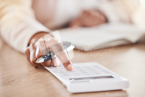 Image of Hand, accountant or woman with calculator for financial strategy, tax or audit review for company growth in office. Finance, zoom or advisor for stock market, investment budget or mortgage planning