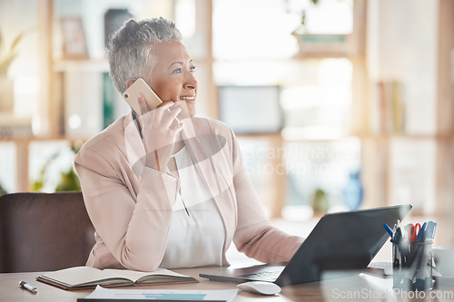 Image of Phone call, happy accountant black woman or laptop for financial networking, company growth or trading in office. Finance or advisor on smartphone for stock market, invest budget or tax planning