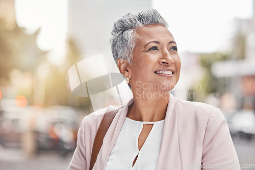 Image of Senior woman, city smile and business person success with blurred background thinking of work. Urban, investment vision and mature female outdoor happy about investing and retirement pension ideas