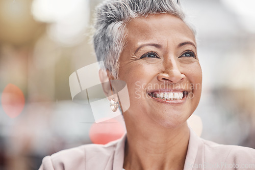 Image of Senior woman smile, city and business person with blurred background thinking of finance work. Urban, investment vision and mature female face outdoor happy about investing and retirement ideas