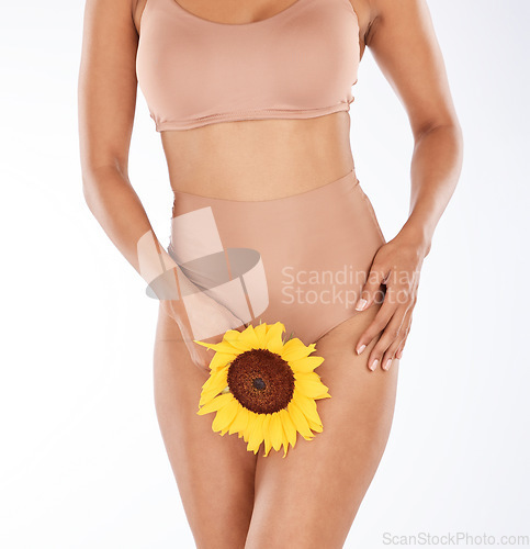 Image of Woman, flower and natural feminine hygiene in studio for health and wellness, body isolated on white background. Gynecology, menstruation and sunflower, eco friendly women care product placement.