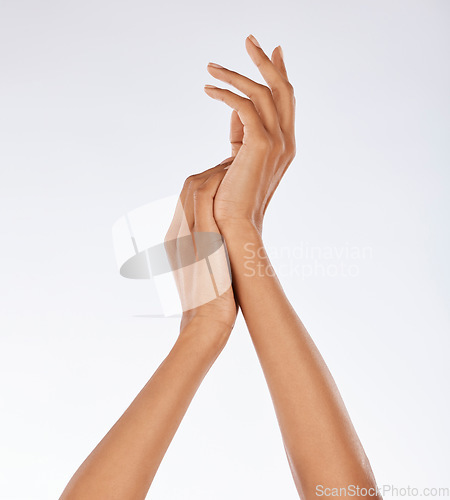 Image of Hands, manicure skincare and woman with palms, cosmetics and wellness on studio background. Closeup of soft, smooth and healthy nails, body and mockup for clean dermatology, salon spa and aesthetics