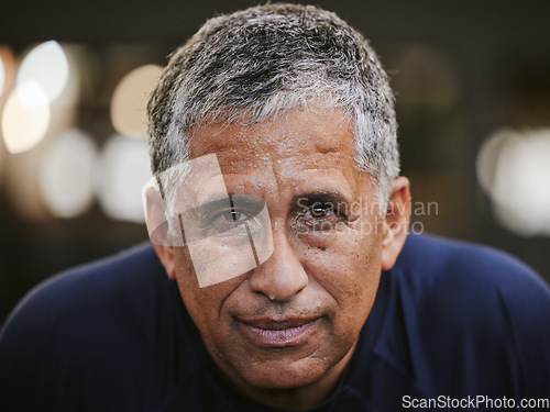 Image of Mockup, portrait and senior man at gym for fitness, exercise or training goal on bokeh background, Face, motivation and elderly mexican male with strong mindset, gym membership for retired old people