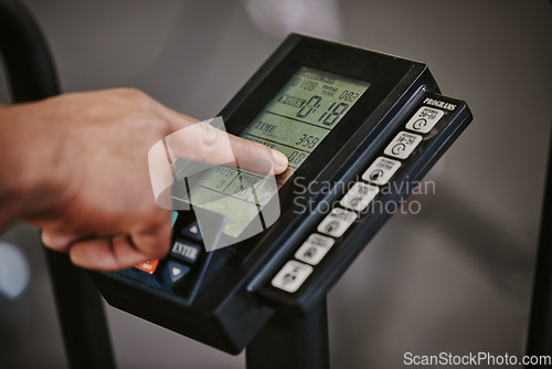 Image of Fitness, treadmill and person doing cardio workout in the gym with technology for tracking. Sports, digital and finger pointing after running on training machine after exercise in a sport center.