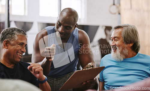 Image of Gym, membership and personal trainer with men for sign up, planning and workout routine on blurred background. Health, checklist and coach with old people on floor for training, goals and motivation