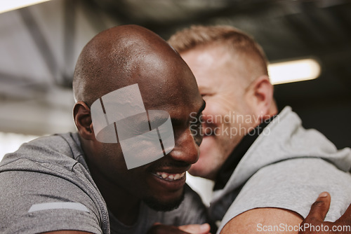 Image of Gym, hug and personal trainer with man for fitness, goal and motivation, encouragement and happy on mockup. Coach, embrace and friends hugging in support of training, workout or performance progress