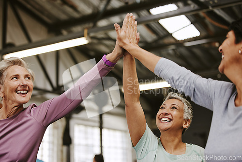 Image of Teamwork, fitness and high five of senior women in gym celebrating workout goals. Sports targets, celebrate and group of friends with hands together for success, motivation and exercise achievements.