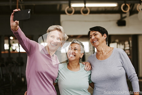 Image of Selfie, friends and senior women in gym taking pictures for happy memory together. Sports, laughing and group of retired females taking photo for social media post after workout, training or exercise