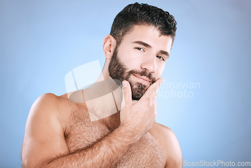 Image of Portrait of man with hand on beard, confident face and morning cleaning treatment isolated on blue background. Facial hygiene, male model beauty and grooming health, wellness and skincare in studio.