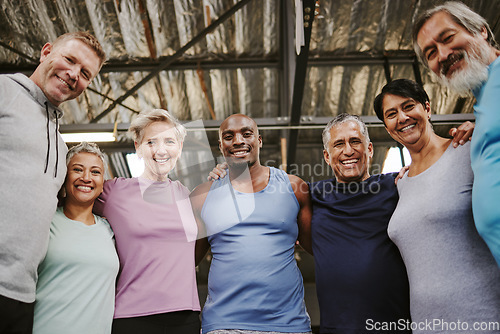 Image of Senior people, fitness portrait and group support for training, workout or exercise community or gym club. Personal trainer and elderly, diversity circle in sports wellness, hug together for teamwork