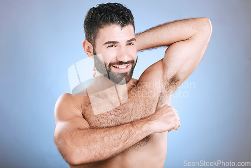 Image of Deodorant, beauty roll and man in studio grooming for hygiene, fresh scent and perfume. Male model, armpit and cosmetics for sweat control, body odor and cleaning product for skincare on background