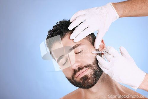 Image of Needle, man and skincare in studio for beauty, botox and aesthetic on mockup background. Plastic surgery, face cosmetics and guy change body with anti aging filler, facial salon or prp transformation