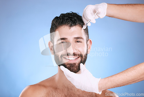 Image of Injection, man and portrait for skincare, collagen wellness and beauty process in studio. Cosmetics, face and needle for plastic surgery of botox, facial change and aesthetic prp on blue background