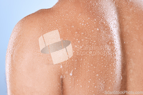 Image of Water drop, skincare and back of man in studio for cleaning, body care or cosmetic on blue background. Shower, skin and guy wellness model relax in luxury, moisture and gentle, cleansing or treatment