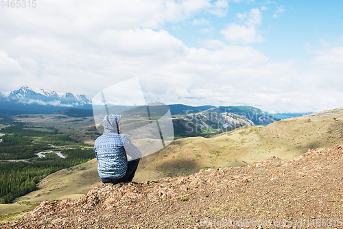 Image of Relaxing man in Kurai steppe on North-Chui ridge