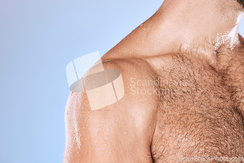 Image of Wet chest, water drops and body of man in shower for cleaning, care and wellness on mockup background. Beauty, human torso and hairy male in studio for washing, strong anatomy and healthy skincare