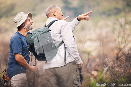 Image of Hiking, pointing and senior men in nature for travel, walking and on a backpack adventure in Spain. Search, view and elderly friends doing bird watching and looking at environment in the mountains