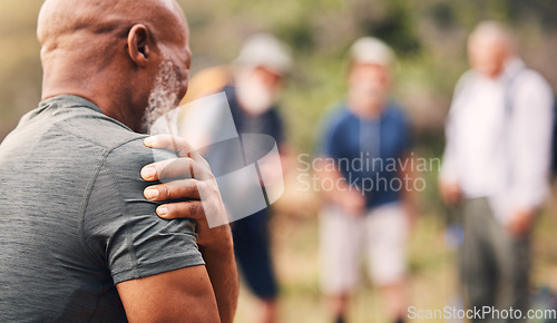 Image of Shoulder pain, injury and back of senior black man after hiking accident outdoors. Sports, training hike and elderly male with fibromyalgia, inflammation or arthritis, broken bones or painful muscles