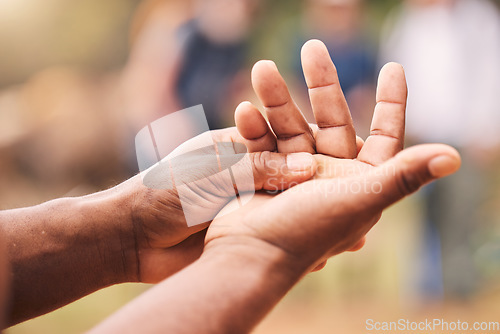 Image of Hand, injury and senior man with mockup for arthritis, inflammation and fracture on blurred background. Hands, pain and elderly guy with injured palm outdoors, osteoporosis or wrist strain on space