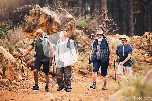 Image of Hiking, nature and group of old men on mountain for fitness, trekking and backpacking adventure. Explorer, discovery and expedition with friends walking for health, retirement and journey