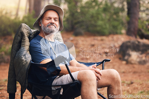 Image of Forest camping, portrait and senior man relax on outdoor nature vacation for wellness, freedom peace and natural air. Woods, chair and relax elderly man on retirement holiday adventure in Australia