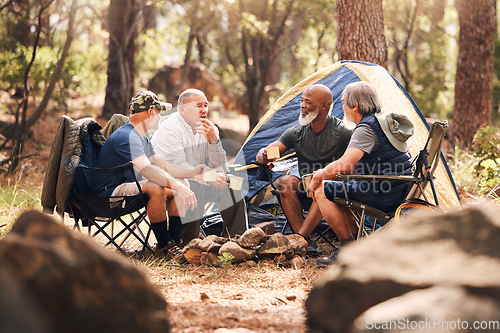 Image of Senior people, camping and relaxing in nature for travel, adventure or summer vacation together on chairs by tent in forest. Group of elderly men talking, enjoying camp out conversation in the woods