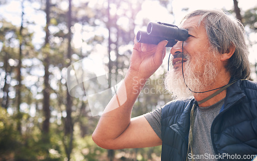 Image of Binoculars, senior man and hiking in nature looking at view, sightseeing or watching. Binocular, adventure search and elderly male with field glasses, trekking or exploring on vacation outdoors.