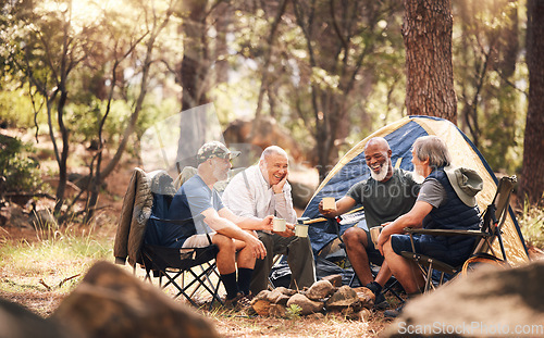 Image of Man, friends and camping in nature laughing for funny joke, meme or conversation by tent in forest. Group of elderly men relaxing on camp chairs with drink enjoying sunny day together in the woods