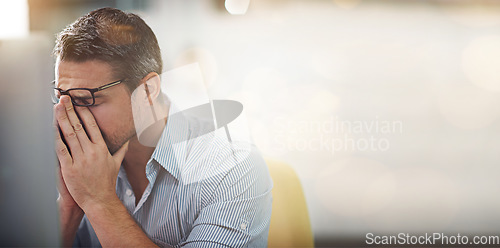 Image of Computer, stress burnout or business man with anxiety from bad investment, stock market crash or financial crisis mockup. Problem, headache or crypto trader with forex, bitcoin or NFT trading mistake