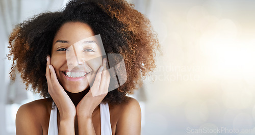 Image of Black woman, beauty portrait and skincare by mockup space, smile or happy for cosmetic beauty by blurred background. African gen z girl, skin health or natural glow aesthetic for self care in mock up