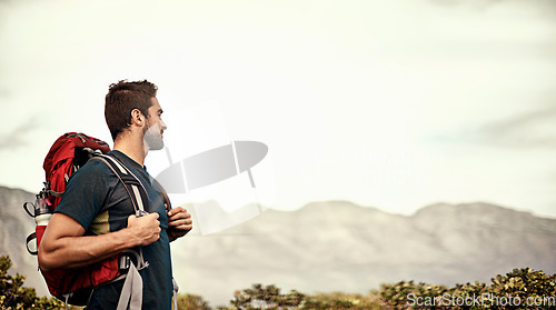 Image of Man, hiking and mountain with backpack for travel, adventure or trekking in nature on mockup. Male hiker standing and backpacking for hike journey, exercise or workout and traveling in the outdoors