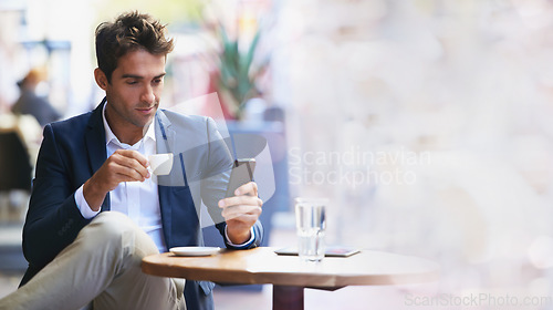 Image of Businessman, coffee shop and phone for networking with mockup space, reading and focus at table. Man, smartphone and espresso with communication, social media app and texting on web chat ux at cafe