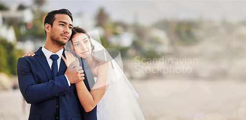 Image of Wedding, bride and groom hug with love, care and thinking outdoor with mockup space. Bridal couple, marriage and romance with calm support, trust and peace from partner, commitment vision and relax