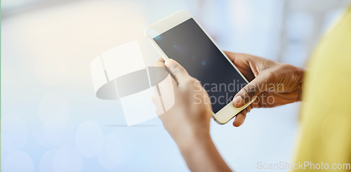 Image of Hands, phone and screen on mockup for advertising, marketing or mobile app in communication or networking. Hand of person holding smartphone technology with display for advertisement or branding logo