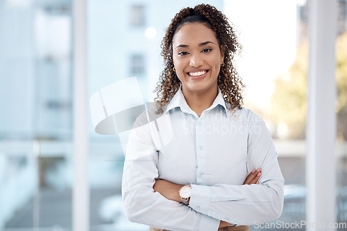 Image of Business, success and portrait of black woman with smile, crossed arms and happy for vision, ideas and startup. Corporate leader, office and female entrepreneur in Mexico for goals, mission and pride