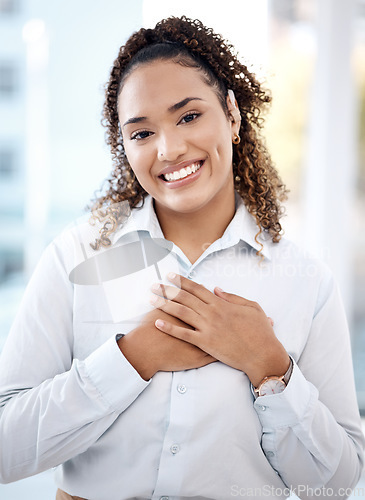 Image of Happy, black woman and business portrait with hands on chest for care, kindness and love for charity. Face of person with smile and emoji for heart, thank you and gratitude or trust and hope mockup