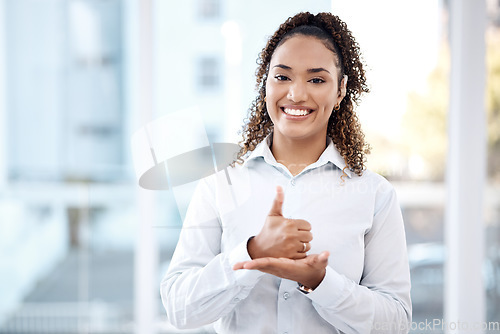 Image of Help, black woman portrait and sign language with deaf person thumbs up hand. Face of model with hearing disability, symbol and communication for support, charity and assistance with mockup space