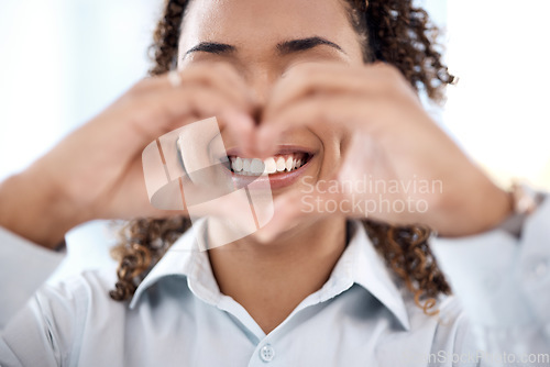 Image of Black woman, hands and heart emoji for love, charity and support with teeth smile. Happy face of person with shape for care, valentines day and hope or icon sign for review, kindness and feedback