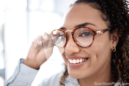Image of Black woman, face and smile with glasses for eye care, vision and designer frame, prescription lens and optometry. Portrait, fashion eyewear and health for eyes for wellness and happy with choice