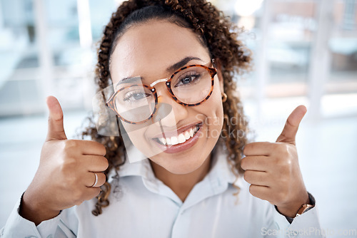 Image of Optometry, thumbs up and face of woman with glasses for vision, eye care and health in shop. Eyewear, wellness portrait or happy female from South Africa with hand gesture for success, approval or ok