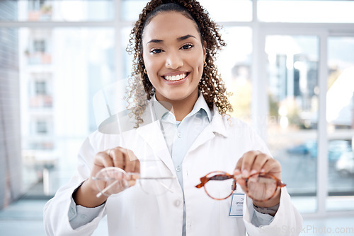 Image of Eye care, portrait and black woman, glasses choice and optometrist, healthcare for eyes with doctor and vision. Prescription lens, designer frame and eyewear decision, health insurance and optometry