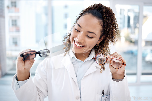 Image of Eye care, vision and woman, glasses choice and optometrist, healthcare for eyes with doctor and smile. Prescription lens, different designer frame and eyewear decision, health insurance and optometry