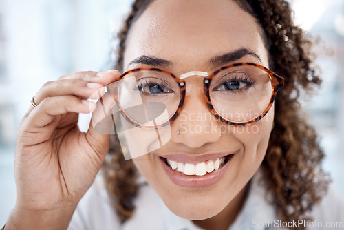 Image of Black woman, face closeup and glasses for eye care, vision and designer frame, prescription lens and optometry. Portrait, fashion eyewear and health for eyes for wellness, smile and happy with choice