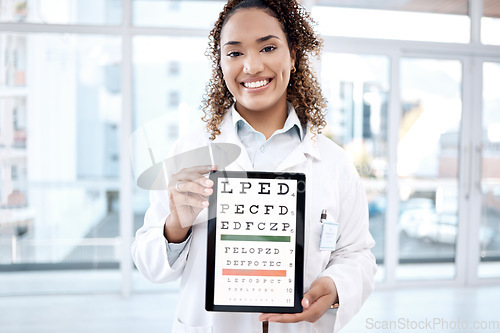 Image of Portrait, eye chart and doctor with tablet in hospital for vision examination in clinic. Healthcare, snellen and medical ophthalmologist or woman holding technology with text or letters for eyes test